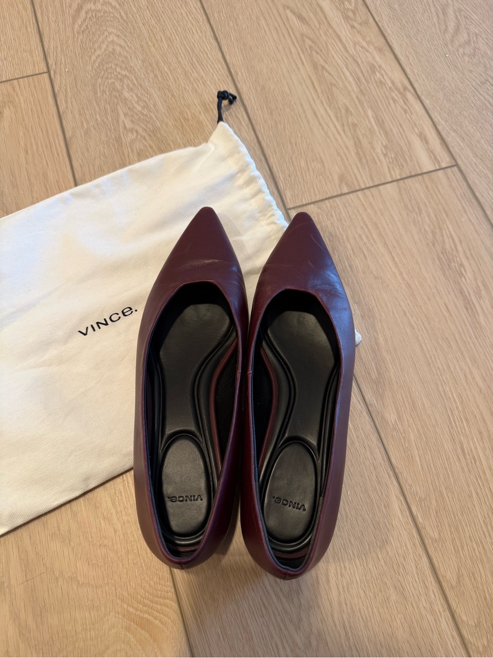 Vince Pointed Toe Leather Flats in Wine